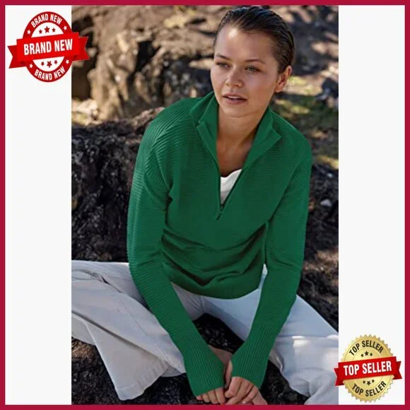 Long Sleeve Quarter Zip Pullover Sweater Ribbed Knit Thumb Hole Loose Fit - Picture 6 of 7